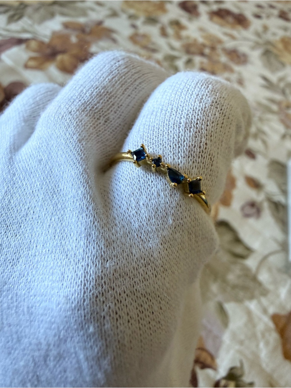 Gold Band Ring with Blue Gemstones - Elegant Women's Jewelry